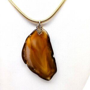 Vintage Agate Slice Pendant Necklace on Gold Tone Snake Chain, Unique Polished